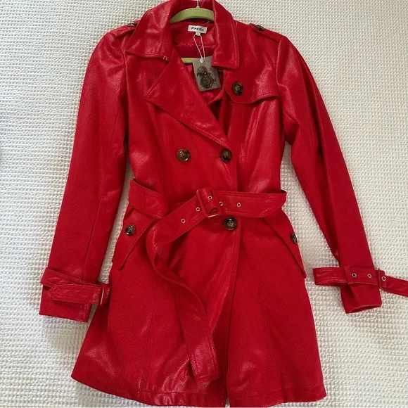 Freda Red Faux Leather Trench Coat - Picture 4 of 6